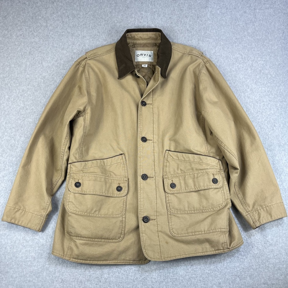 Vintage Orvis Barn Jacket Mens XL Beige Ful Zip Button Corduroy Collar Hunting